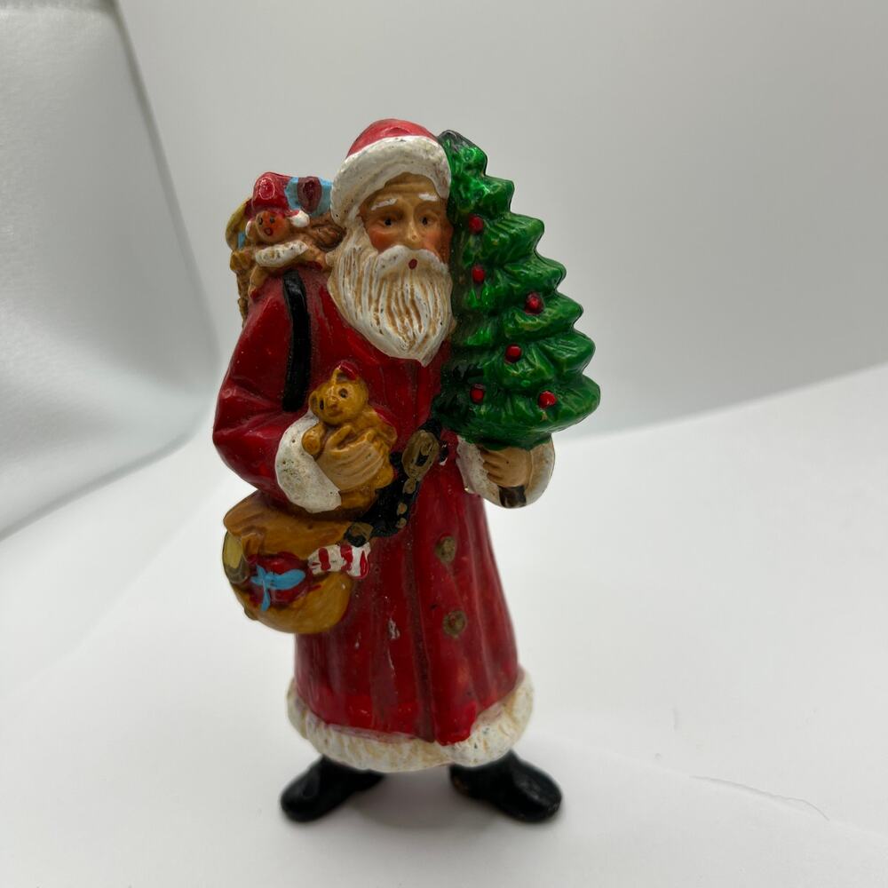 Vintage Plastic Santa Figurine 6 inch Xmas Tree Toy Bags Teddy Bear White Beard